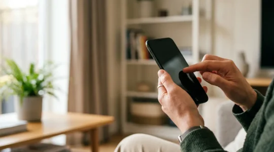 Une personne utilisant son smartphone pour ouvrir un compte bancaire en ligne dans un environnement confortable et moderne