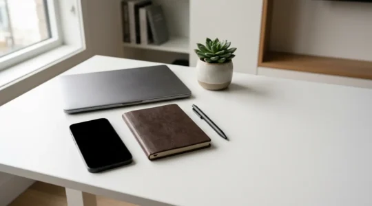 Vue d'ensemble d'un environnement de travail moderne avec smartphone et environnement financier organisé