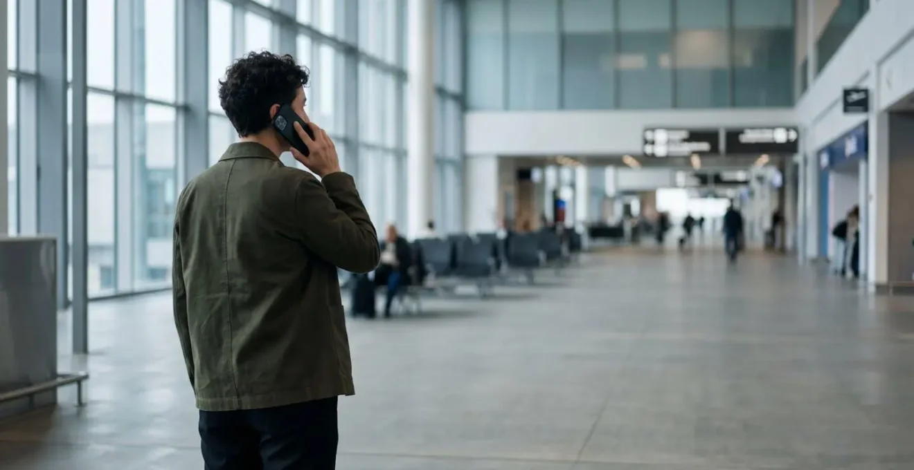 Personne tenant un téléphone près de l'oreille dans un environnement de voyage avec expression concentrée