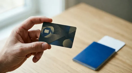 Main tenant une carte bancaire avec passeport et documents de voyage en arrière-plan flou