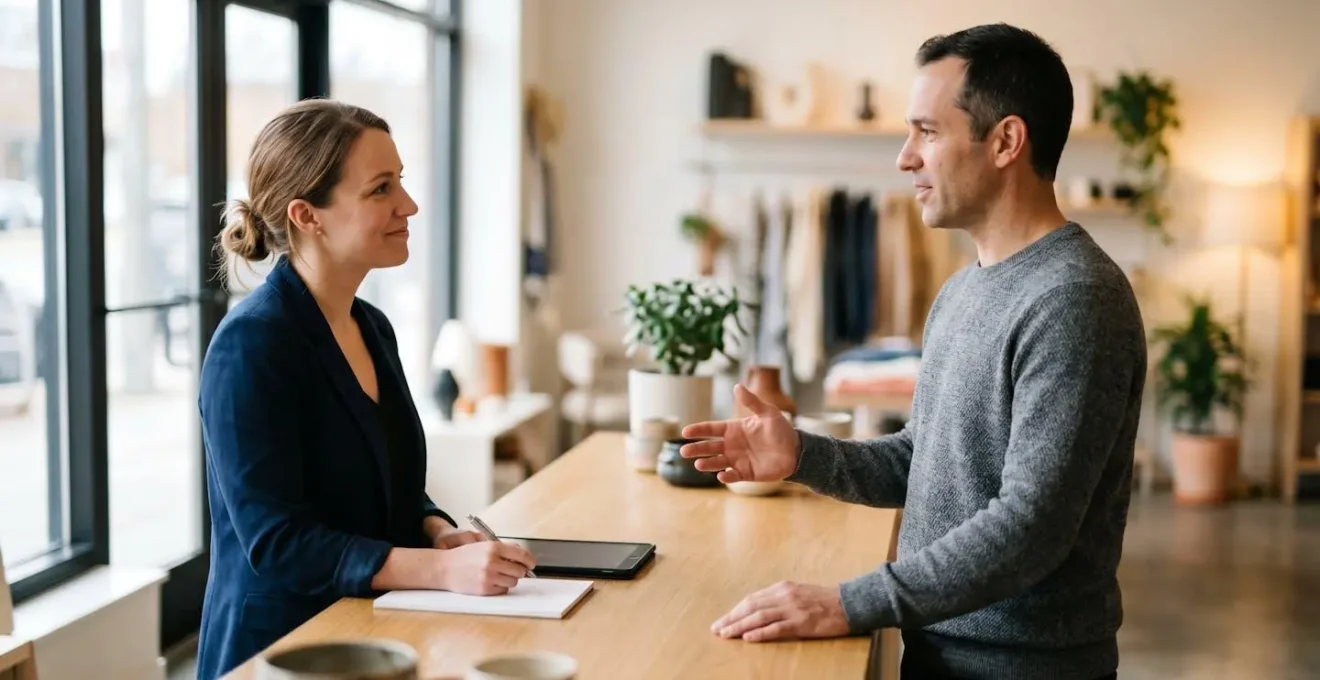 Échange cordial entre un client et un commerçant au comptoir d'un magasin