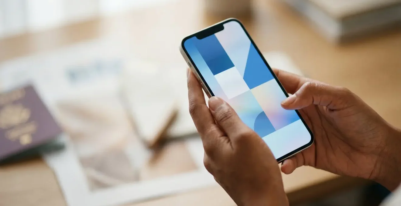 Mains tenant un smartphone affichant l'interface d'une application bancaire avec documents flous en arrière-plan